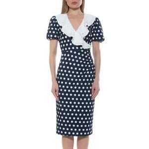 Alexia Admor Dress Ruffle Collar Puff Sleeve Midi Navy & White Polka Dot Medium